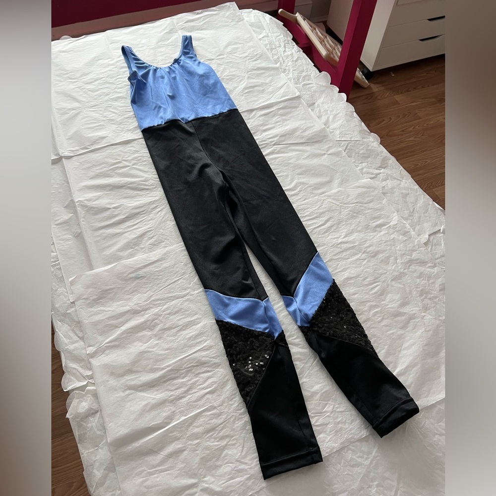 EUC Weissman IC blue/black unitard acro gymnastics sequins periwinkle tank 10/12